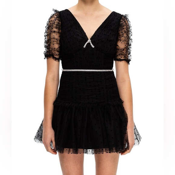 SELF-PORTRAIT Designer Black Dot Mesh Puff Sleeve Mini Dress US 4 $600 - Picture 1 of 11